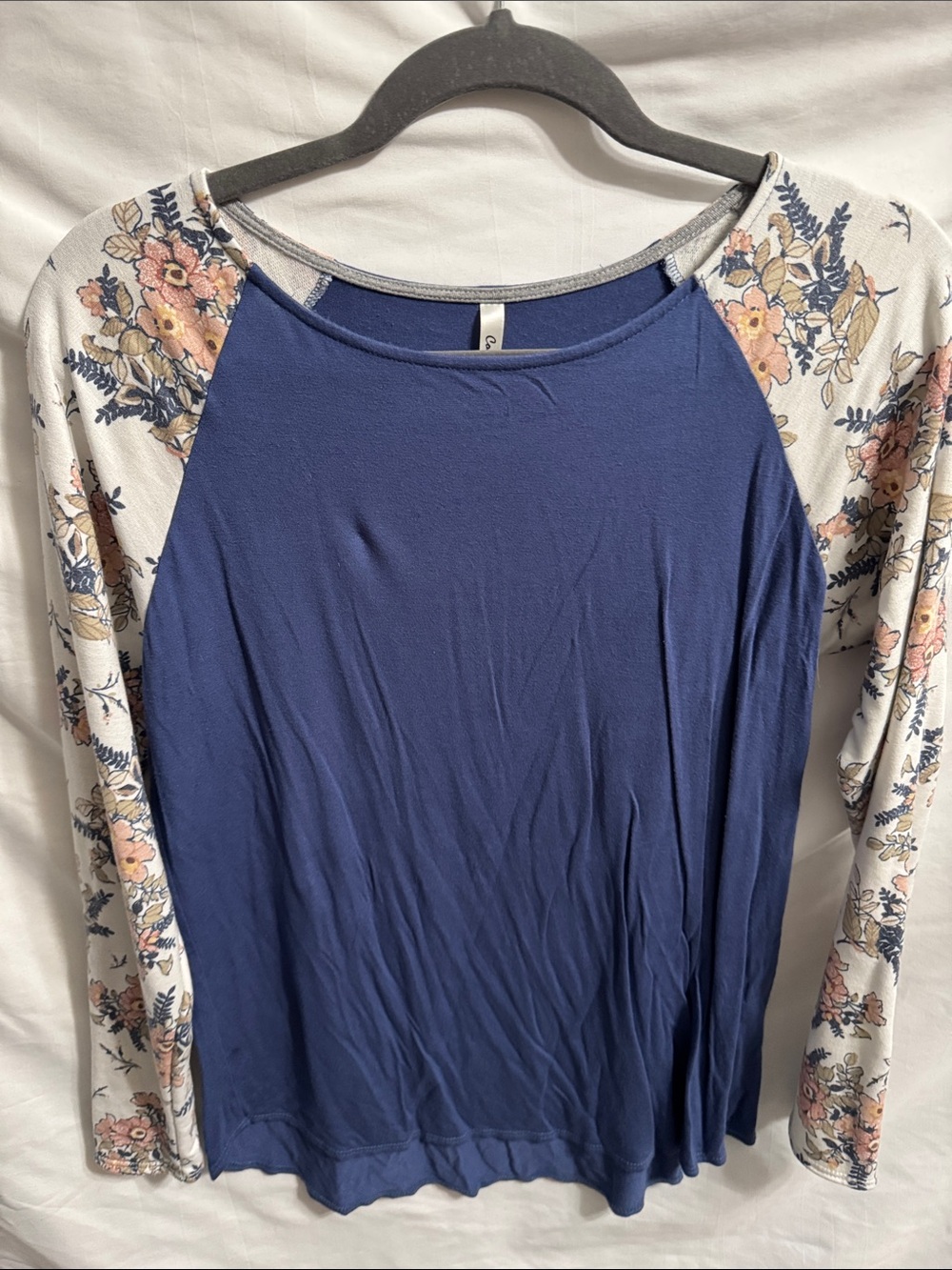 Women's Navy Raglan Long-Sleeve Tee with Cream Floral Sleeves